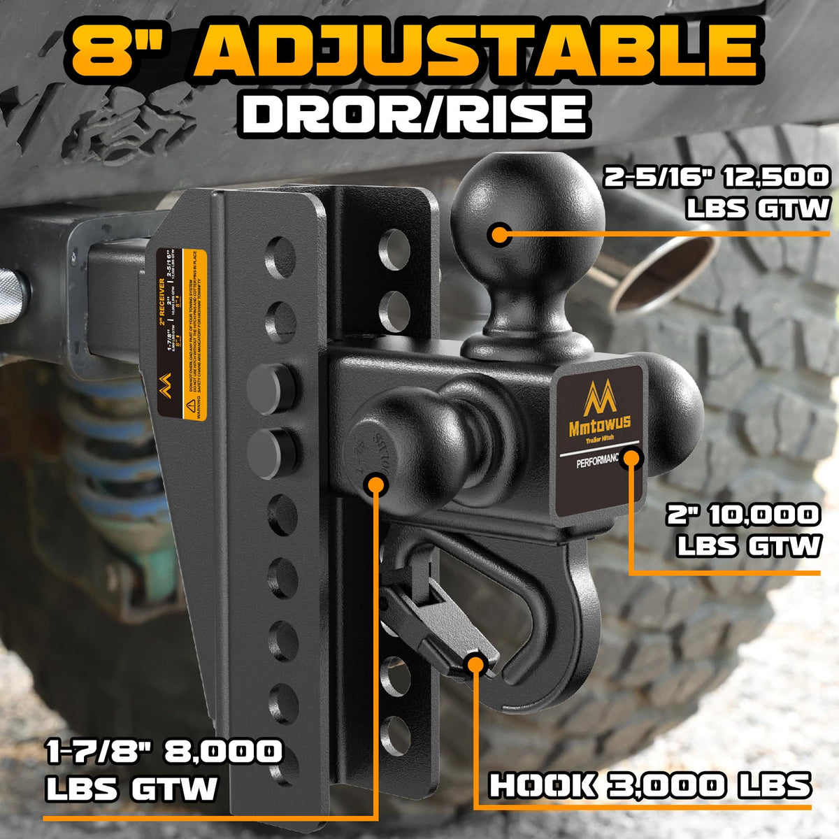 Mmtowus Adjustable Trailer Hitch - Drop Hitch 2-Inch Receiver - Tri Ball Mount with Hook (1-7/8'', 2'' & 2-5/16''), 8'' Drop/Rise Tow Hitch, 12,500 LBS GTW, 3 Ball Hitches for Trucks, RV, Camper etc