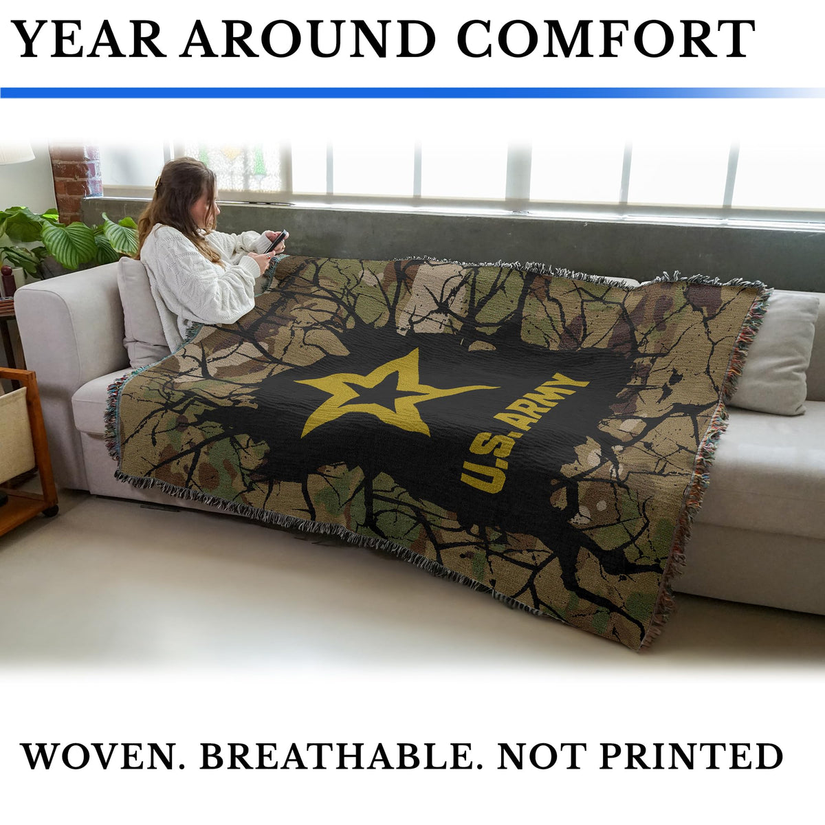 Pure Country Weavers US Army Strong Camo Blanket - Military Gift Tapestry Throw Woven from Cotton - Made in The USA (72x54)