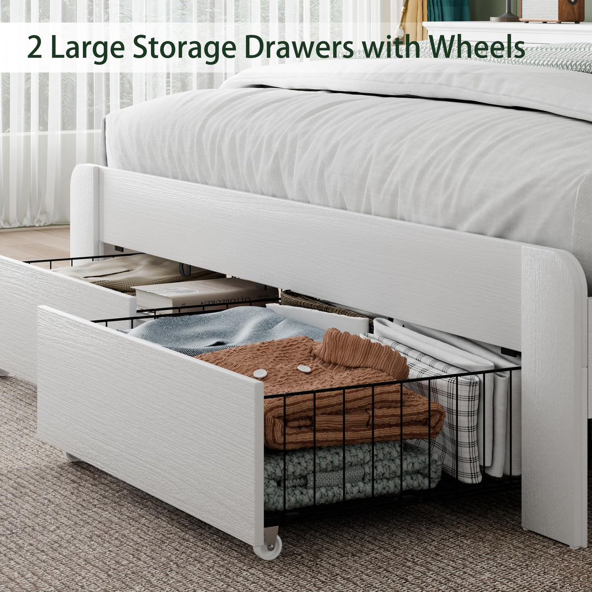 SAMTRA Wooden Bed Frame with Storage Drawers, LED Headboard & Charging Station, Wood Platform Bed Frame with Tall Headboard, No Box Spring Needed, Full Size, White
