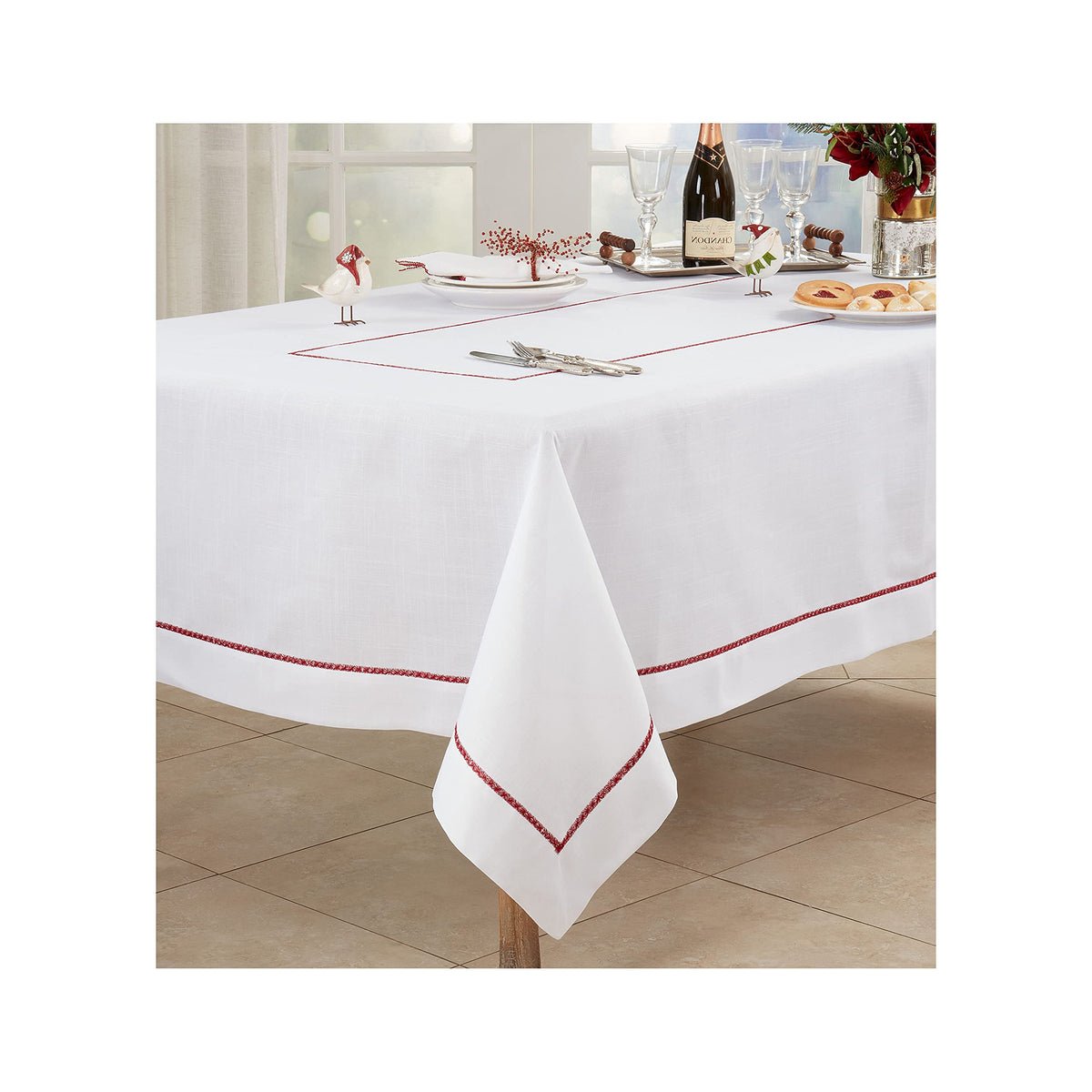 Occasion Gallery White100% Polyester Fancy Thanksgiving Christmas Holiday Embroidered Burgundy Trim Border Dining Room or Kitchen Tablecloth, 65" X 120" Rectangular (1 Piece)