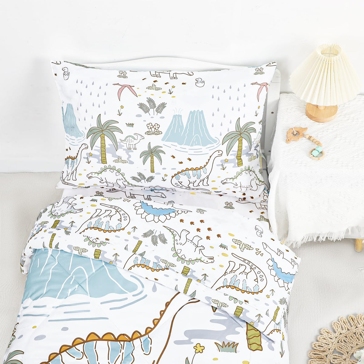 SWESEN Toddler Bedding Set for Boys, Cute Dinosaurs Toddler Boy Bedding Set, Soft & Lightweight 4 Piece Toddler Comforter Sets Include Comforter, Flat Sheet, Fitted Sheet, Pillowcase