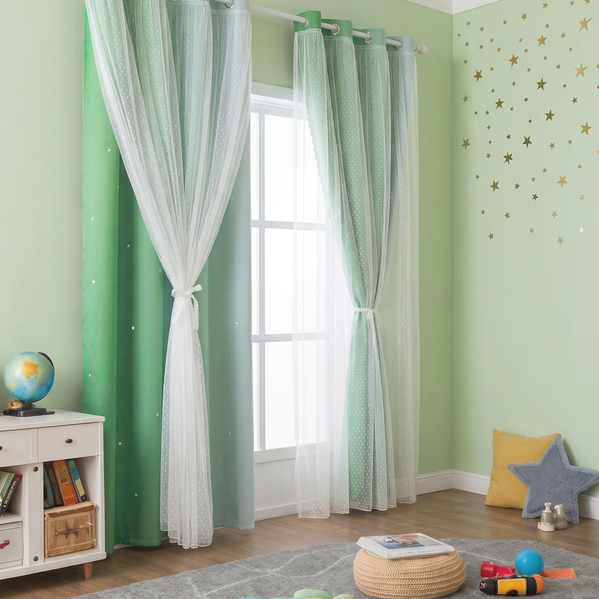 MYSKY HOME Boys Blackout Curtains 96 inches Long Green Ombre Decor for Kids Nursery Living Room, Hollow-Out Stars Thermal Insulated Grommet Curtain for Bedroom, W52 x L96 Inches, 2 Panels