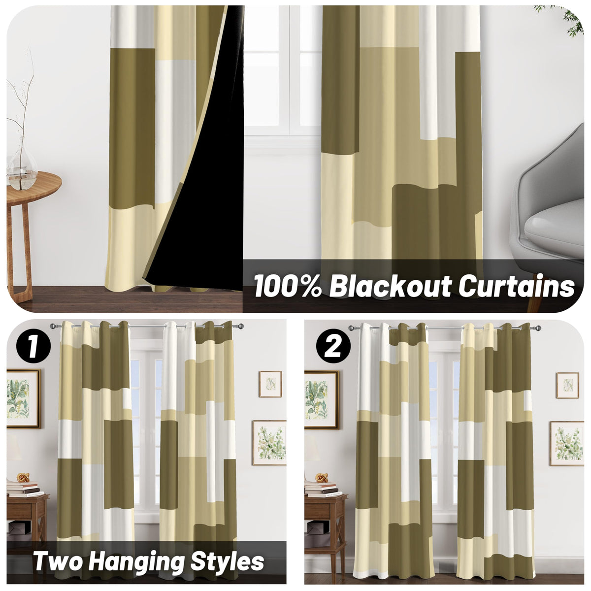 Tyrot Beige 100% Blackout Curtains for Bedroom 63 inch Long 2 Panels Set White Beige Modern Abstract Geometric Black Out Curtains Insulated Room Darkening Window Drapes for Living Room, 52Wx63L