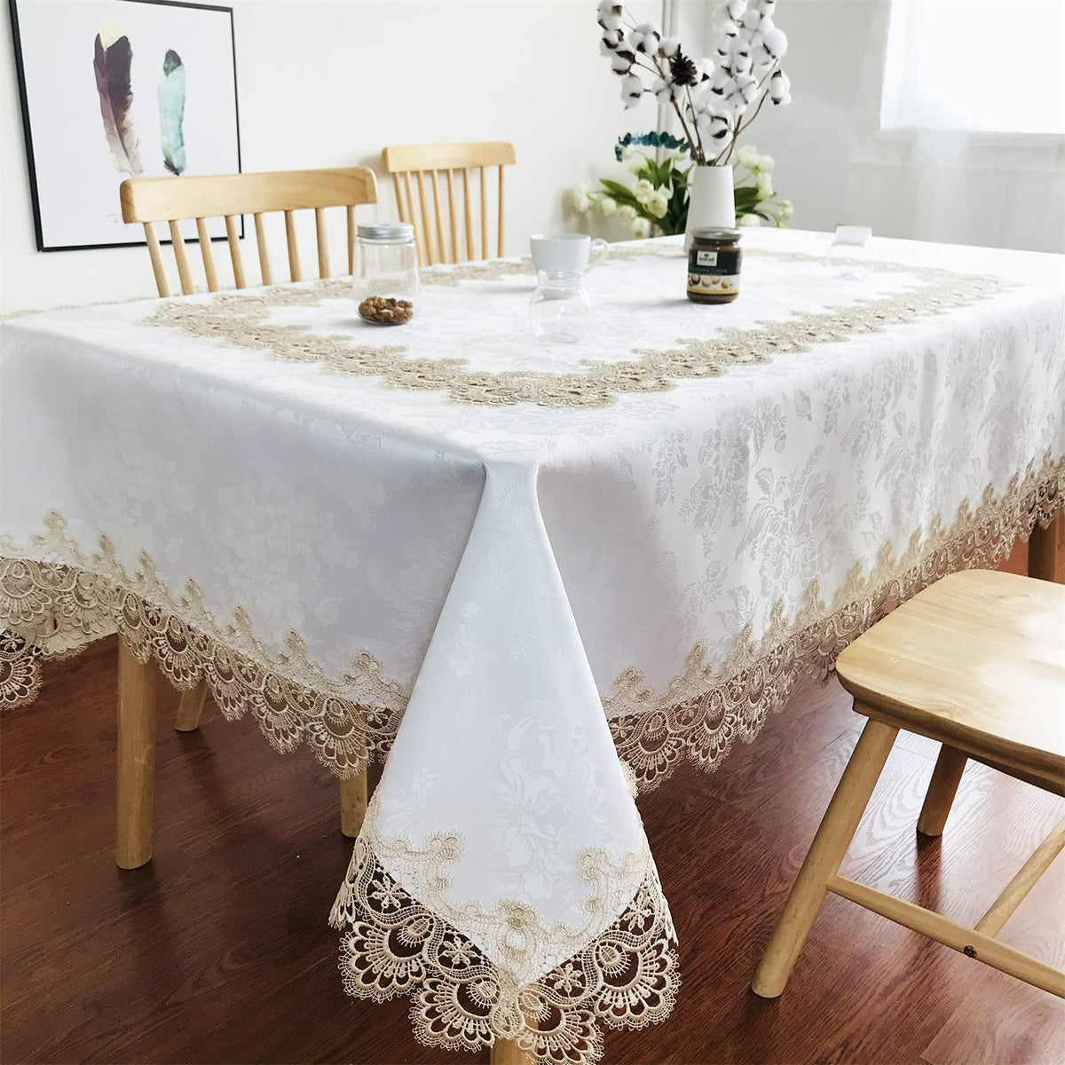 BrekSdat Lace Tablecloth Fabric Washable Beige 60x120inch