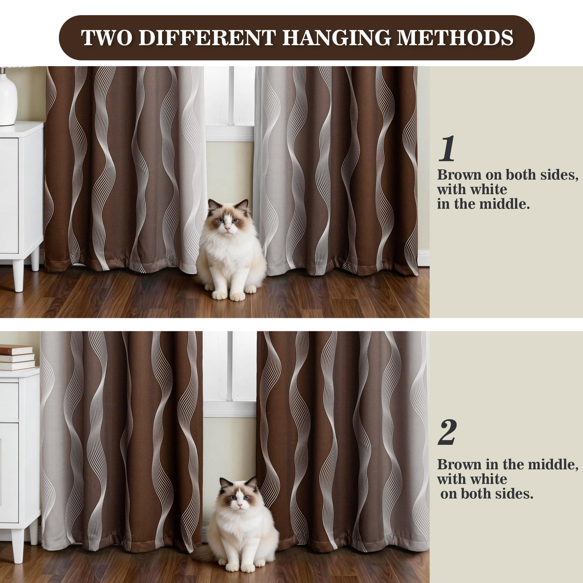 MYSKY HOME Brown and Greyish White 95% Blackout Ombre Curtains 63 inch Length 2 Panels for Bedroom Black Out Thermal Insulated Wave Line Foil Print Design Gradient Drapes for Office Classroom, W 52"