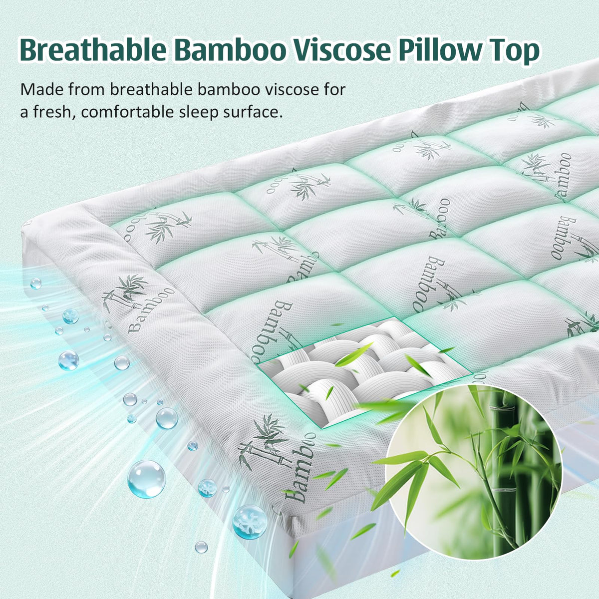 DOWNCOOL Memory Foam Mattress Topper Queen, Pillow Top Mattress Pad for Back Pain Relief, Viscose Derived from Bamboo, Deep Pocket Fits 8–21 Inch
