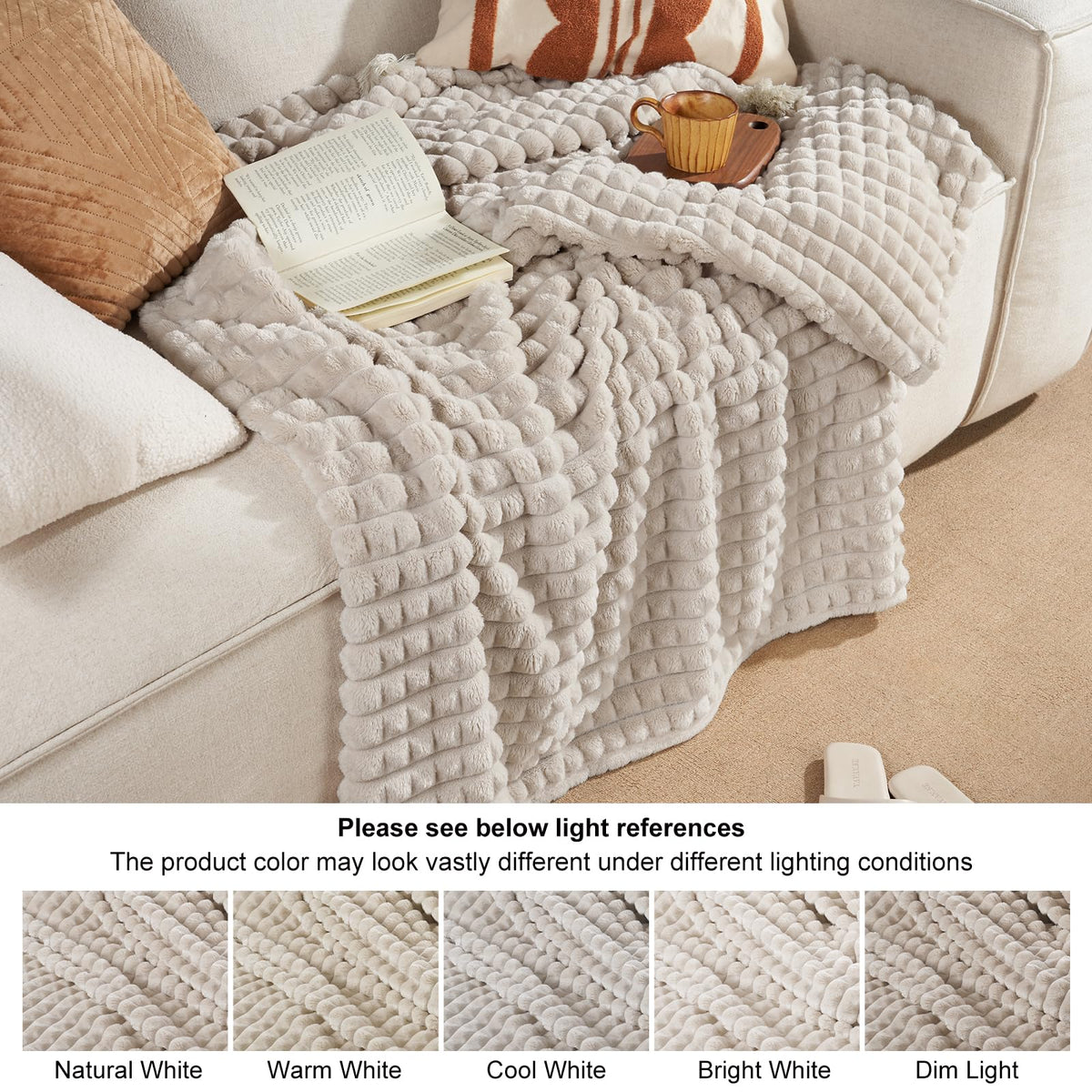 PHF Luxury Soft Fleece Blanket Queen Size, No Shed No Pilling, 380GSM Fluffy Cozy Throw Blankets for Bed, 90"x90", Lightweight Warm Bedding for Home Decor, Ideal Gift for Women, Oak