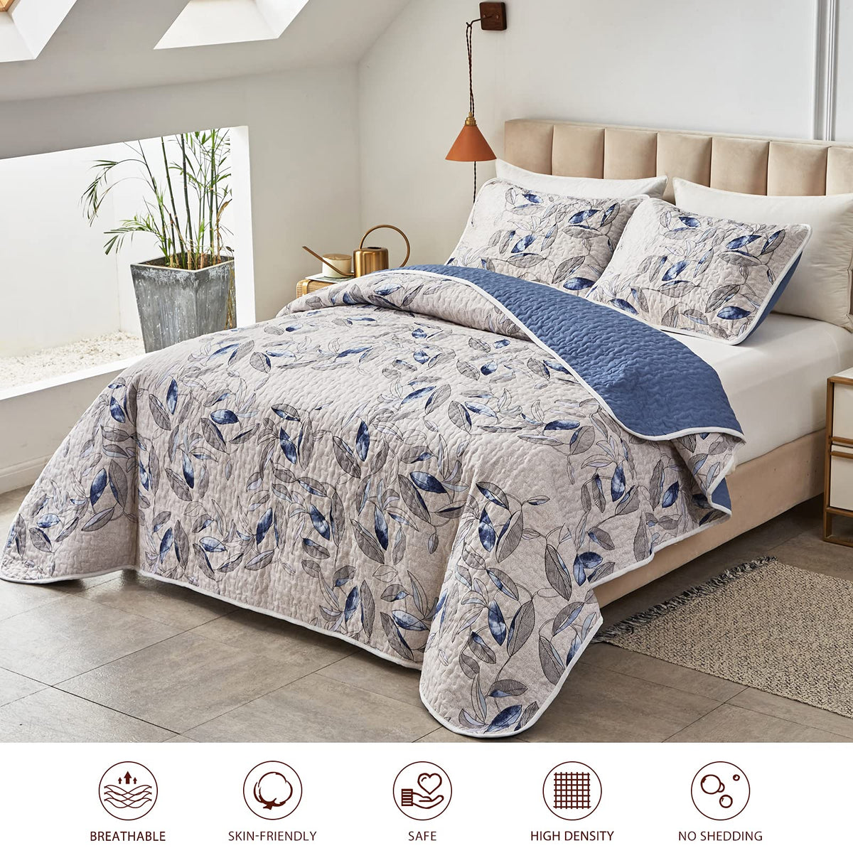 Joyreap 2 Pieces Microfiber Quilt Set, Botanical Blue Leaves on Light Gray Reversible Design, Bedspread Bed Cover for All Season, 1 Quilt and 1 Pillow Sham (Twin, 68x86 inches)