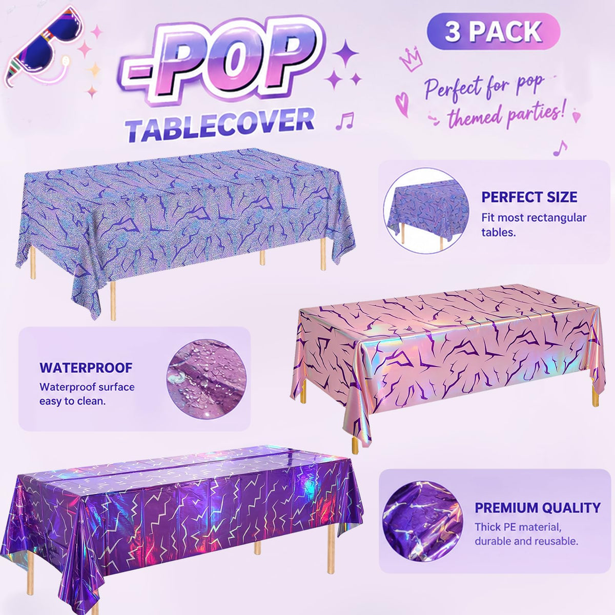 WPDISCZ 3PCS Magical Music Party Tablecloths - Demon Decorations,Pink Purple Lightning Pattern Disposable Plastic Table Covers 54x108 Inch for Korean Anime Themed Party Supplies