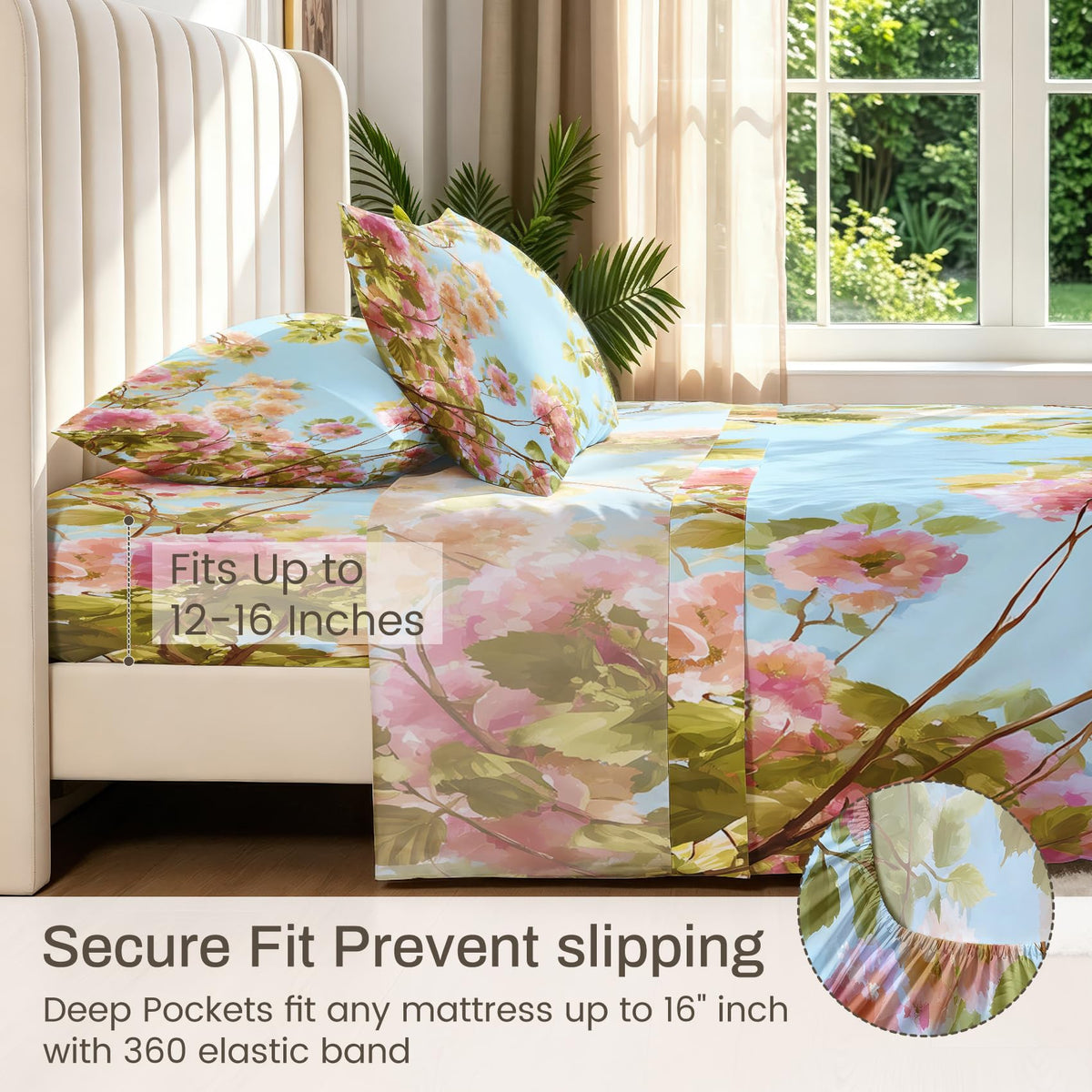 Spring Flower Bedding Set 4 Pcs Blue Sky Floral Queen Sheets