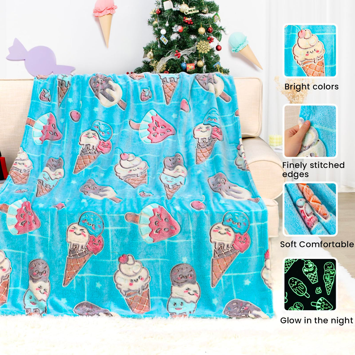 OHOIT Ice Cream Gifts for Girls, Glow in the Dark Blanket for Kids, Cute Summer Throw Blankets for Toddlers, Funny Birthday Gifts for Teens Girls, 50"x60"