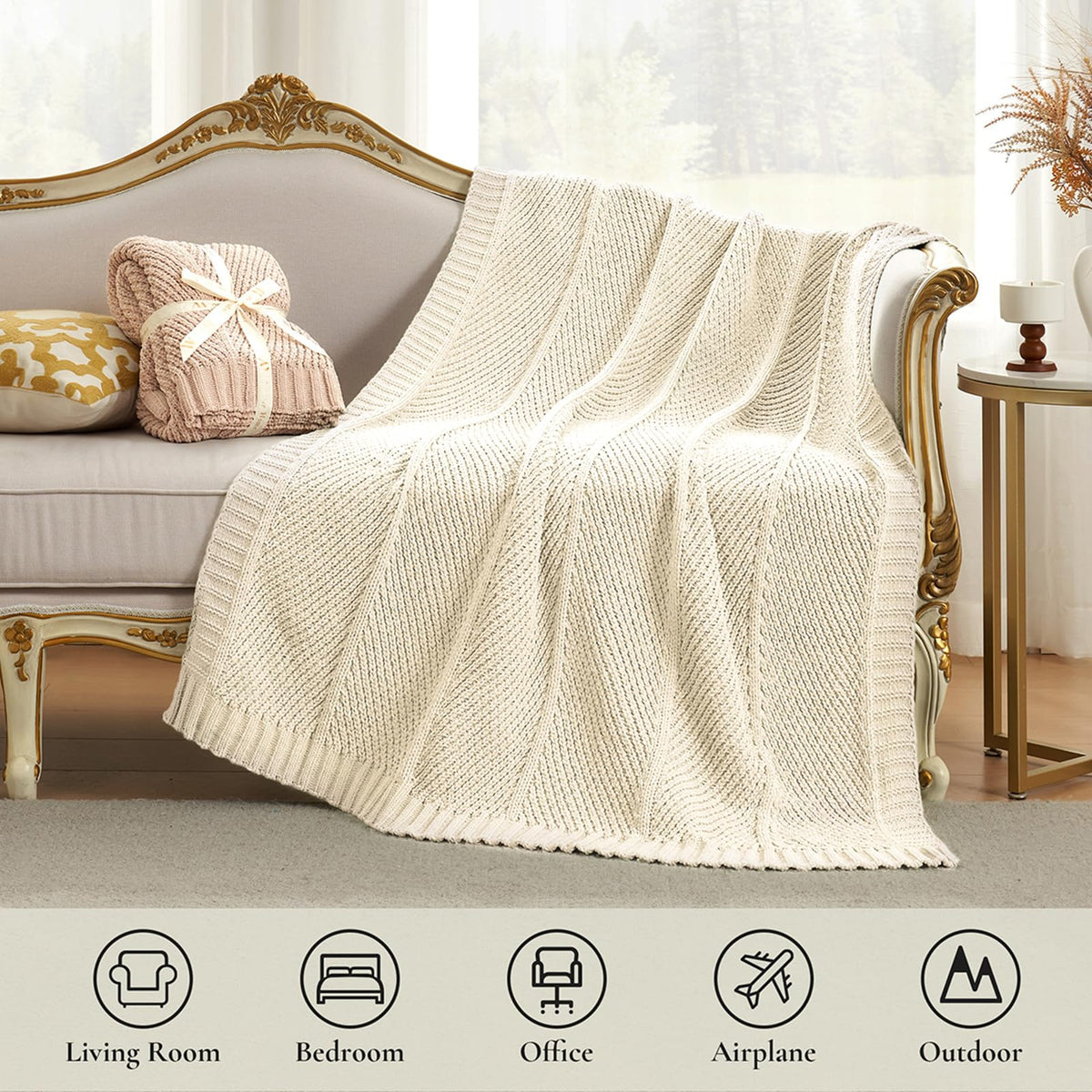 Amélie Home Knit Throw Blanket, Soft Chenille Cozy Breathable Chevron Chunky Decorative Blanket for Couch, Bed & Sofa, French-Inspired Lightweight Warm Gift for Women, Ivory, 50"x60"