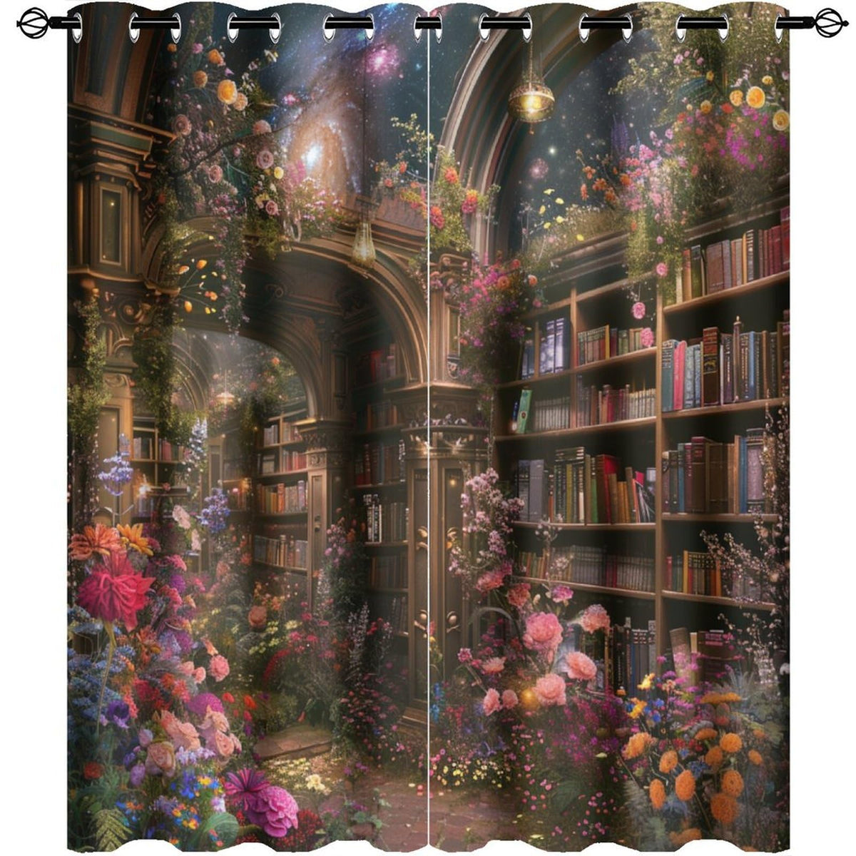 HDESDIS Floral Bookshelf Blackout Curtains for Bedroom Living Room, Colorful Star Galaxy Library Thermal Insulated Curtains Window Drapes with Grommet, 21W x 45L, 2 Panels