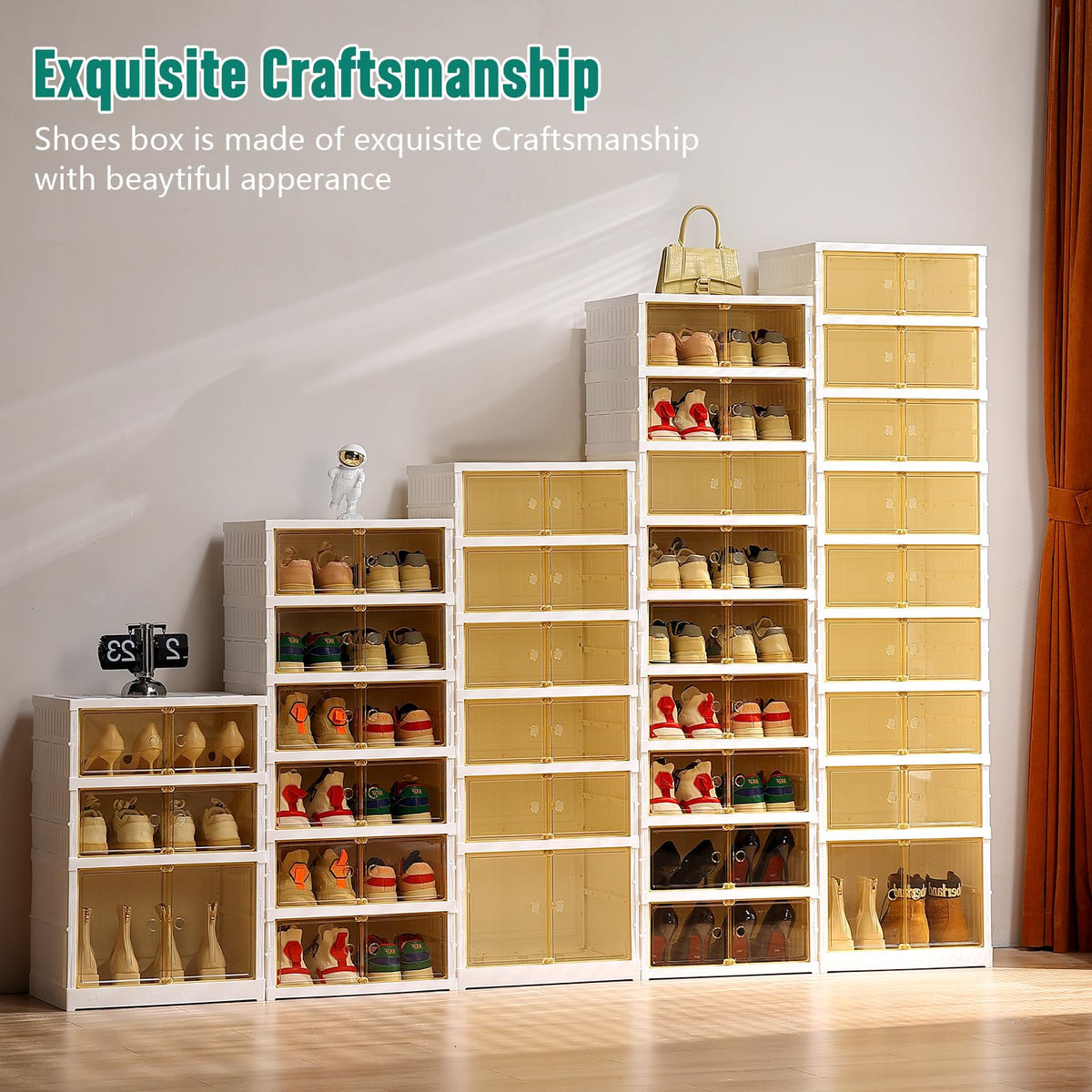 Beeveer 8-Tier Foldable Shoes Rack Organizer Clear Plastic Shoes Rack for Closet Shelf Collapsible Large Storage Box Stackable Easy Assembly Shoe Cabinet with Lids and Door(for 32 Pairs)