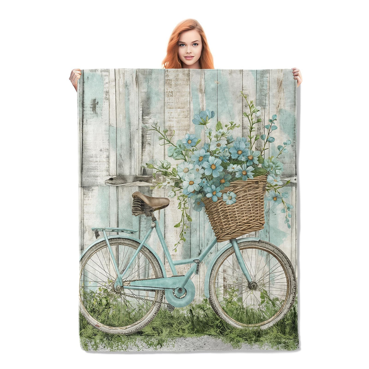 Blue Retro Bike Blanket Gifts for Women Girls Soft Warm Lightweight Cozy Plush Art Farmhouse Flower Basket Throw Blankets for Bedroom Living Room Sofa Home Decor 60"x50"