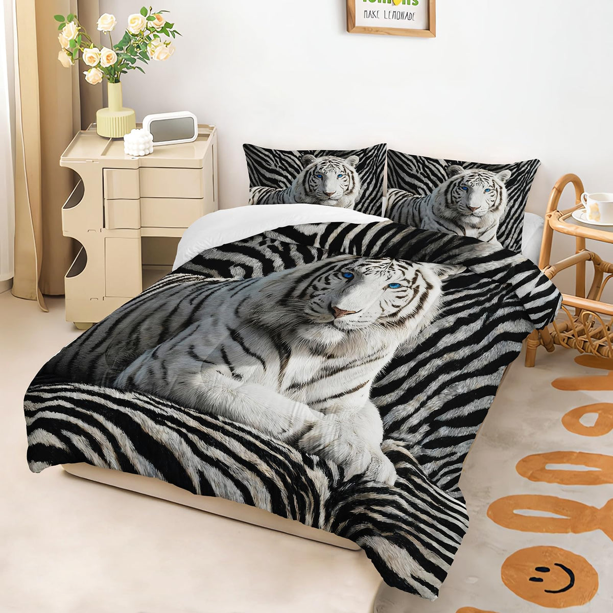 lneffble 3Pcs White Tiger Comforter Set Twin Size for Teen Boys Girls Room Decor,3D Animals Print Comforter Set,Wild Animals Theme Black White Stripe Tiger Bedding Set