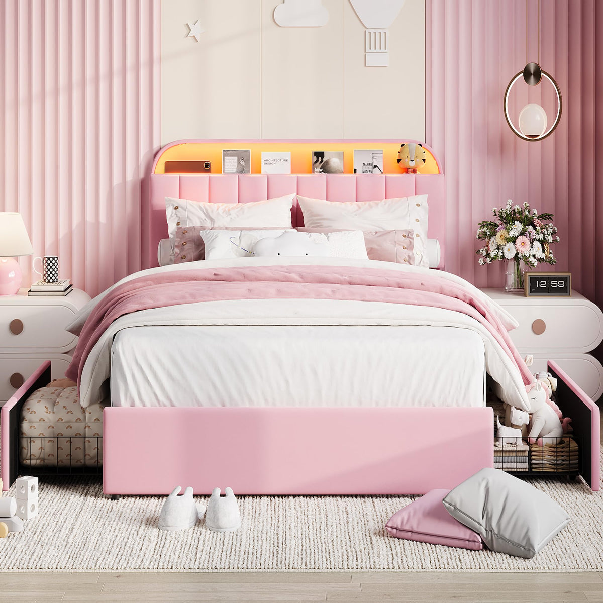 Garvee Full Size Bed Frame with 2 Flexible Drawers, Velvet Upholstered Platform Bed Frame with Bookcase Headboard and LED Lights, Kids Bed for Girls, Easy Assembly, Noise Free, Pink