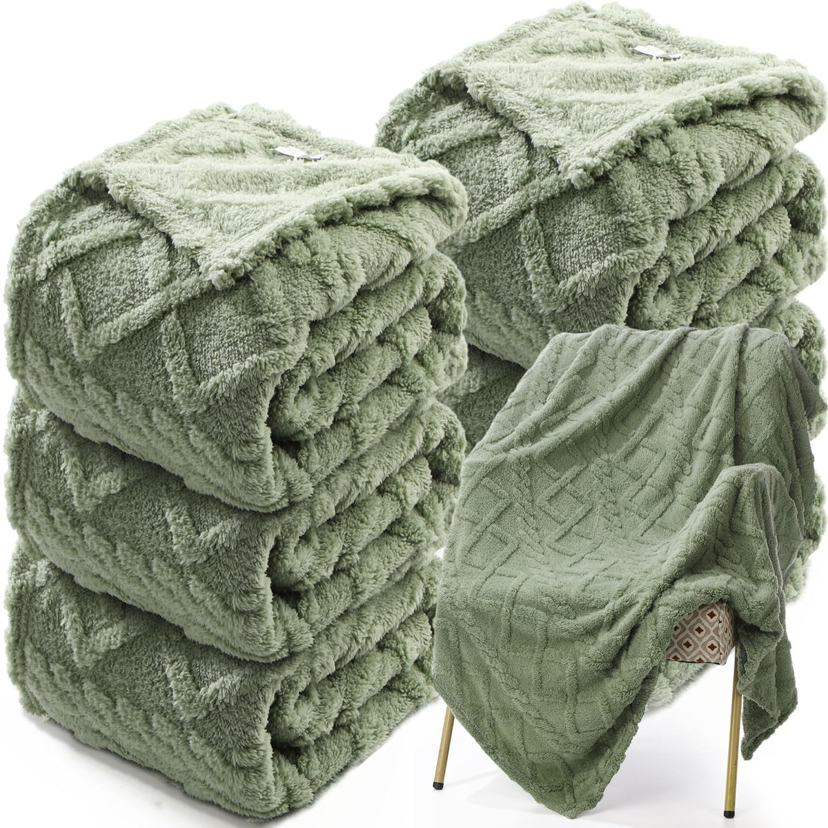 Buryeah 6 Pcs Wedding Guests Throw Blanket Bulk 50" x 60" Jacquard Argyle Throw Textured Solid Soft Throws and Blankets for Sherpa Sofa Bed Knitted Decorative(Sage Green)