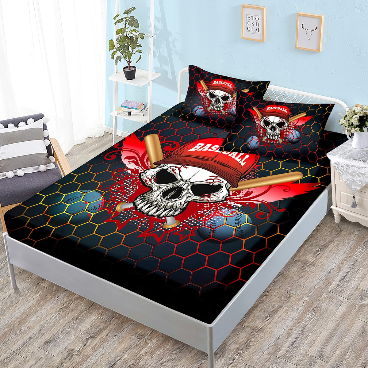 HOSIMA Black Baseball Bedding Set,Boys Cool 3D Print Designs Gothic Skull Fitted Sheet, Sports Bedspread Bedroom Collection 3Pcs with 2 Pillowcases,Cool Baseball Fitted Sheet Full Size for Boys.