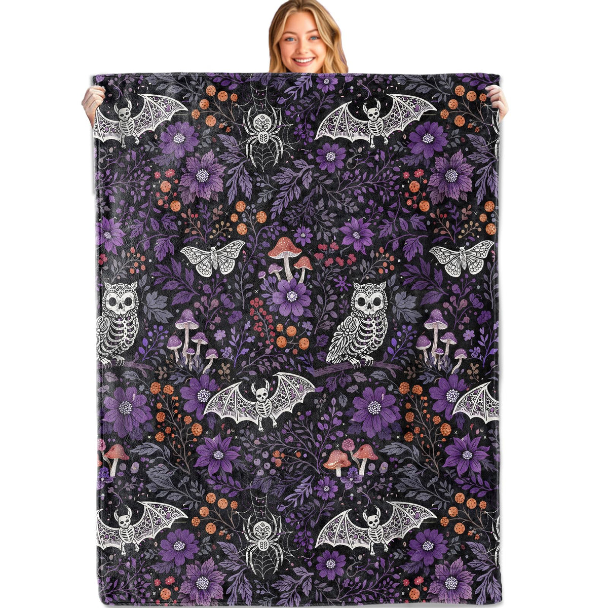 MIEPOS Gothic Purple Floral Bat Blanket Soft Lightweight, Dark Botanical Style Flannel Throw Blankets for Couch Sofa Camping Office Travel Home Bedroom Decor, Kids Women Gifts 60"X50"