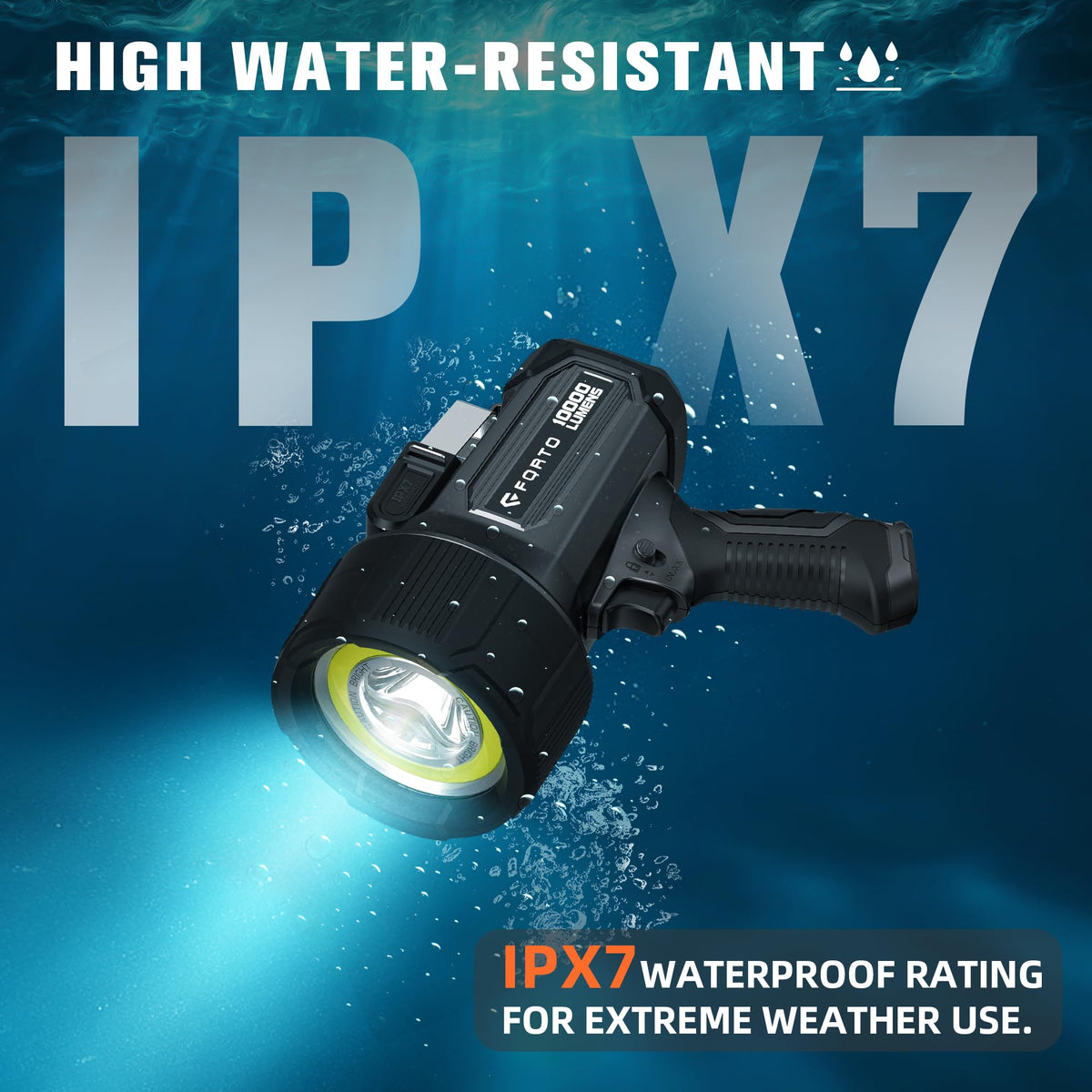 FORTO Rechargeable Spotlight 10,000 Lumen Ultra Bright IPX7 Waterproof Flashlight, Boat Spotlight with EVA Carrying Case Tripod, 7 Light Modes Handheld Spotlight Flashlight for Marine Boat Hunting