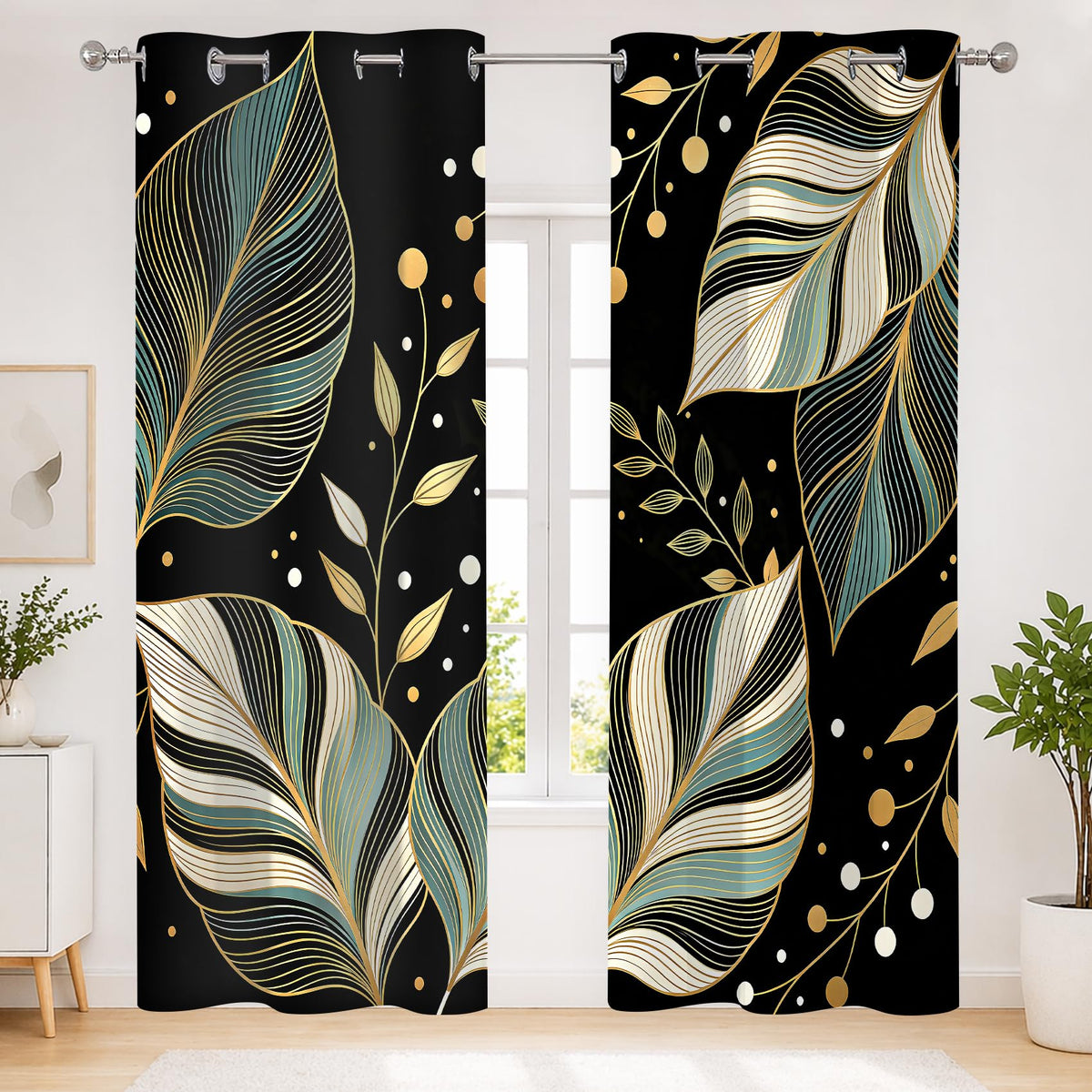MYUSRE Black and Gold Leaf Curtains for Bedroom, 2 Panels 42x84 inch