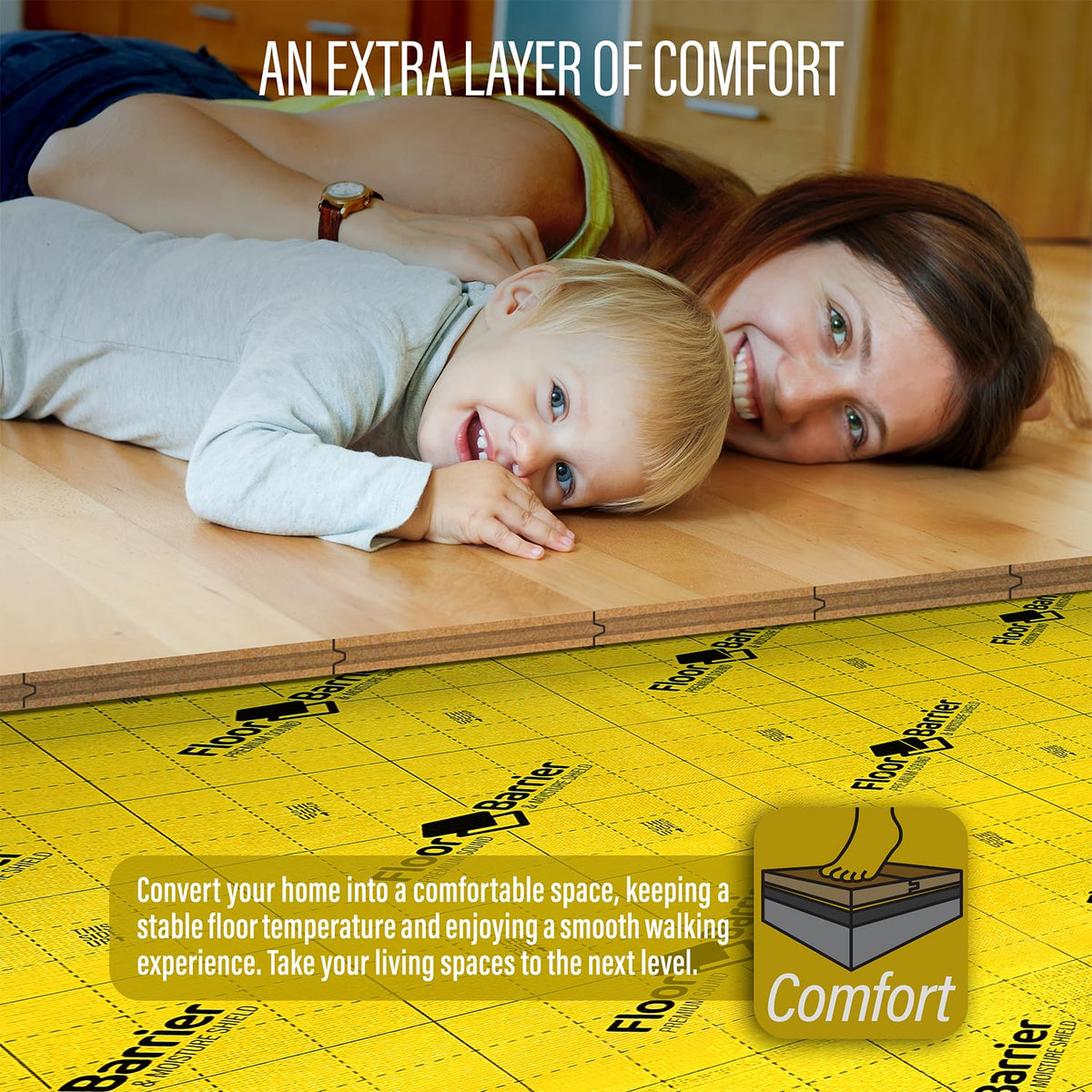Premium Floor Underlayment with Moisture Barrier – 200 sq ft Roll, 3mm Thick – Quiets Foot Traffic Noise, Under Floor Insulation for Hardwood, Laminate, & Vinyl Plank Flooring (2 Pack)