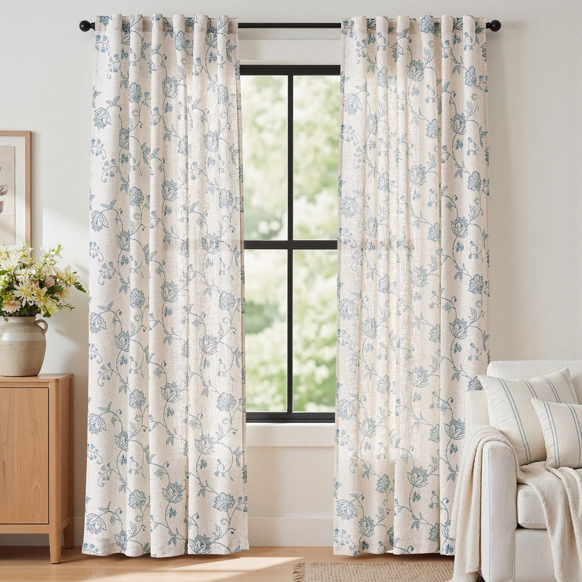 jinchan Linen Curtains Floral Curtain 84 Inch Length for Living Room Bedroom Light Filtering Rod Pocket Back Tab Jacobean Curtains Flax Linen Texture Window Drapes Set 2 Panels Blue on Linen