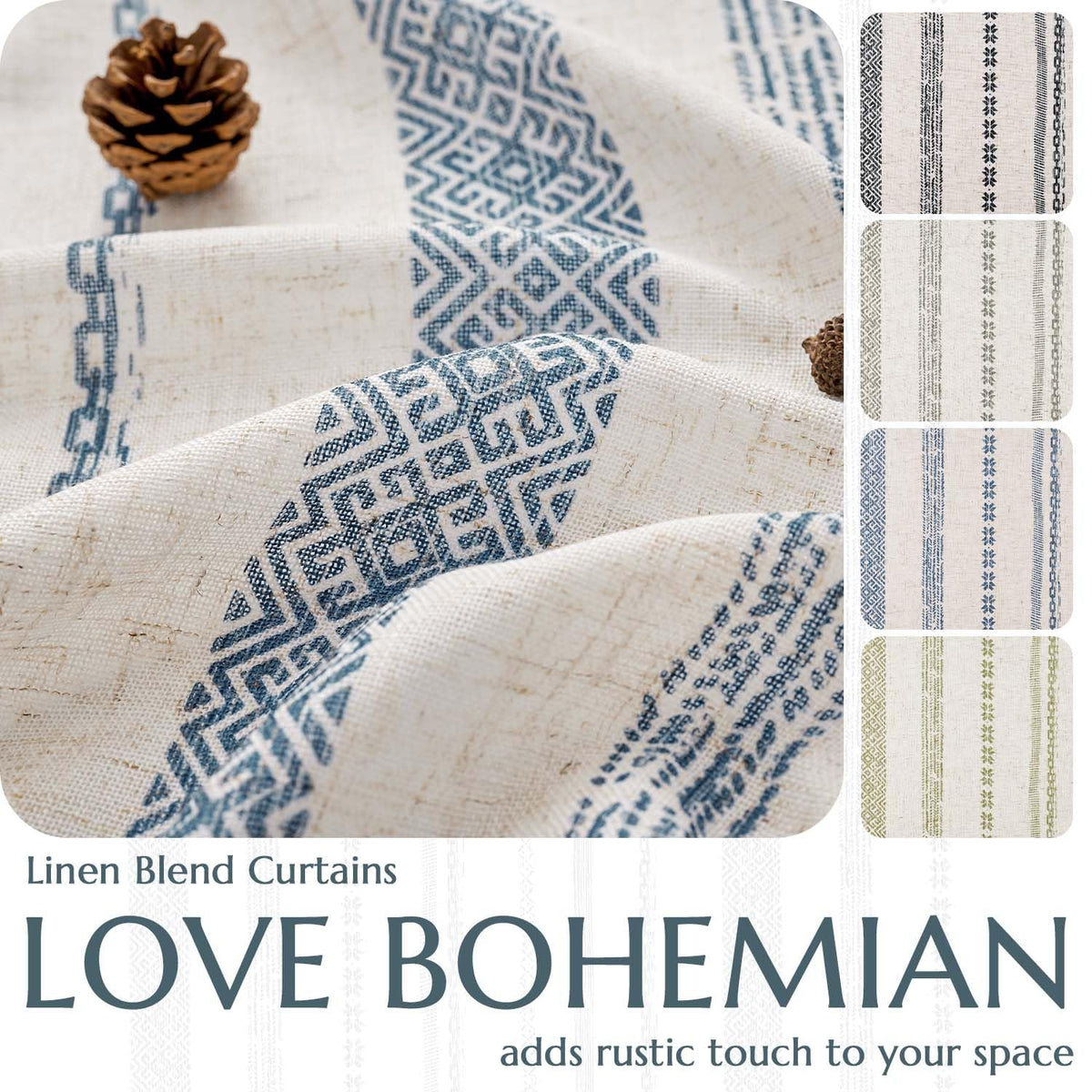 jinchan Linen Blend Boho Curtains for Living Room, 84 Inch Long Blue Printed on Beige Retro Farmhouse Bohemian Geometric Striped Drapes, Light Filtering Back Tab Curtains 2 Panels