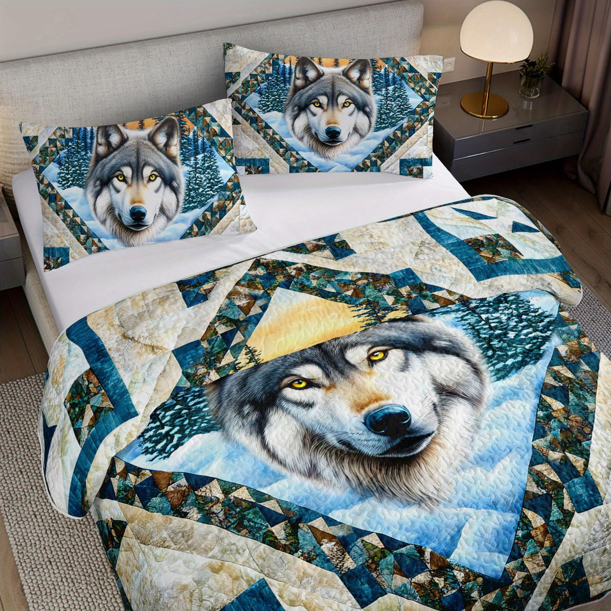 Tuzaovy Wolf Animal Quilt Bedding Set Queen Size for Kid Teen,Wolf Bedspread Sets Bedding Cozy Winter Bedroom Decor,Geometric Animal Print Bed Cover Queen for Boys Girls Bedroom Decor