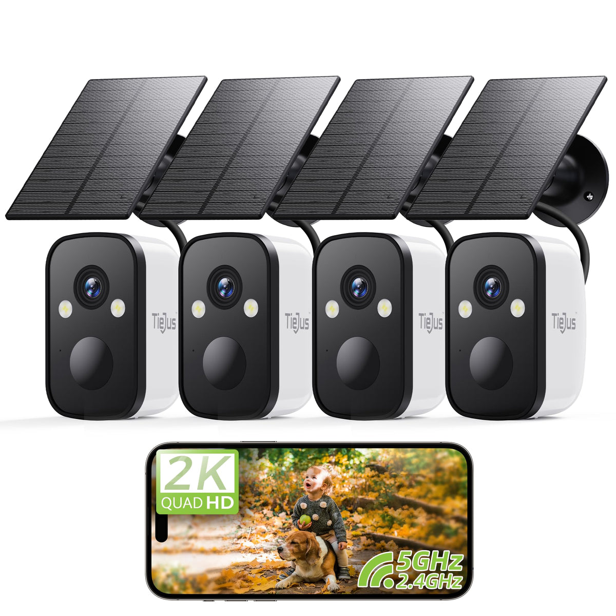 TIEJUS 2K 5G Security Cameras Wireless Outdoor, 4-Pack Solar-Powered Camera for Home with Full Color Night Vision, PIR Detection, IP66/Alexa/2 Way Talk, No Subscription, 5G/2.4GHz WiFi