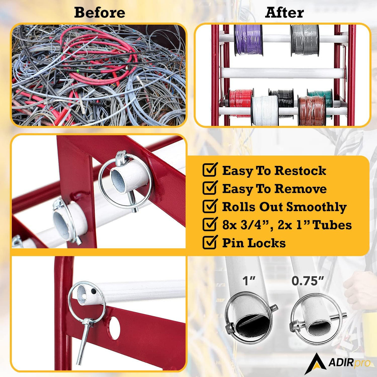AdirPro Transportable Multiple Axle Cable Caddy - Multi-Spool Wire Rack Dispenser - Easy Use Cable Holder & Distribution - For Workplace Efficiency
