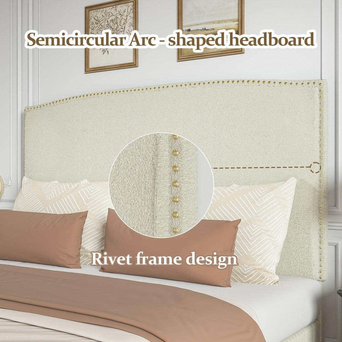 BarnFurin Queen Size Bed Frame with Headboard, 56" Upholstered Platform Bed with Nailhead Trim, Soft Boucle Fabric, No Box Spring Needed, Easy Assembly, Beige