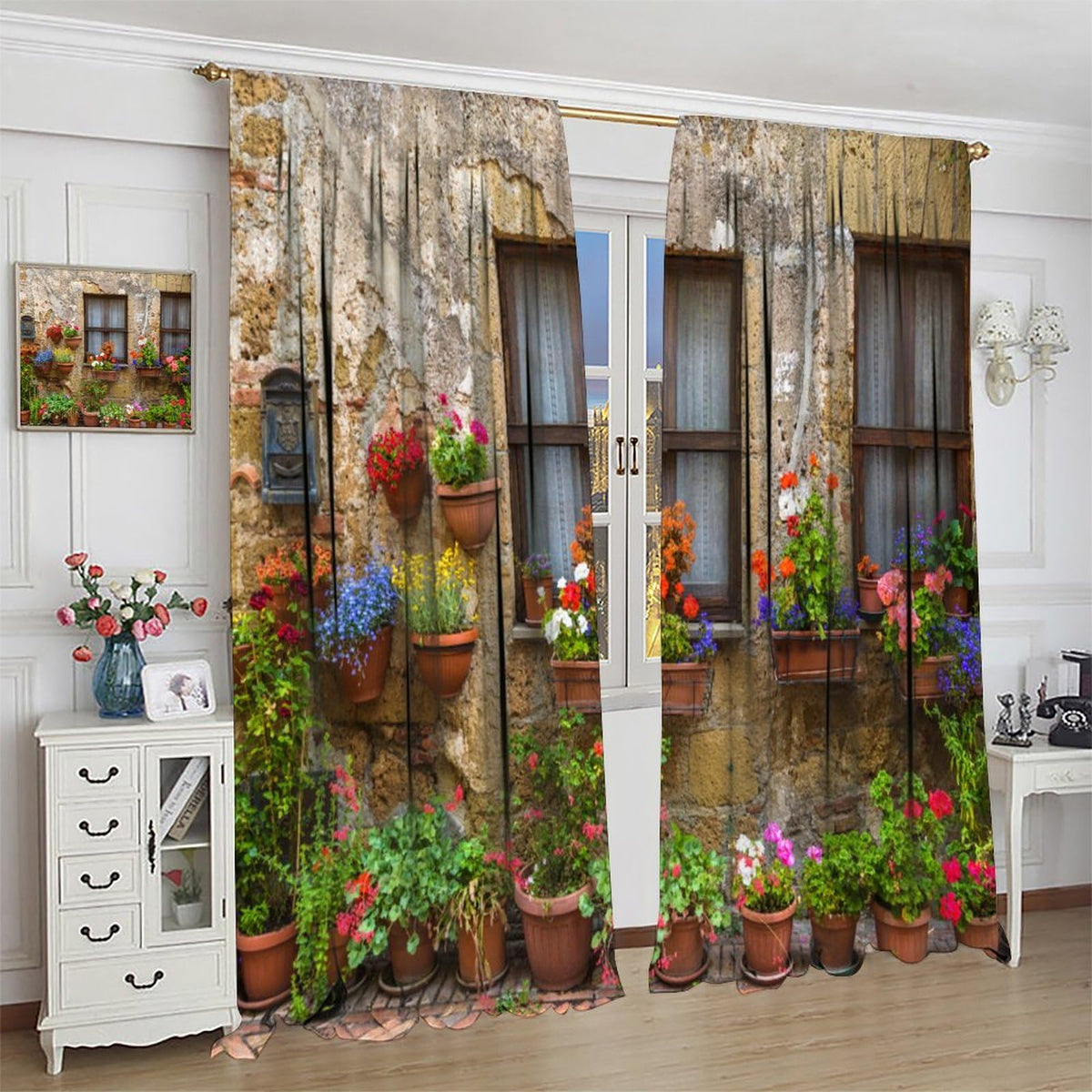 DDCBNS ltalian Style Curtains Old Stone Wall Flowers Printed Window Treatments for Bedroom Living Room Kitchen Café European Town Scenery Décor Drapes 2 Panel Sets Total Size 42" x 45"