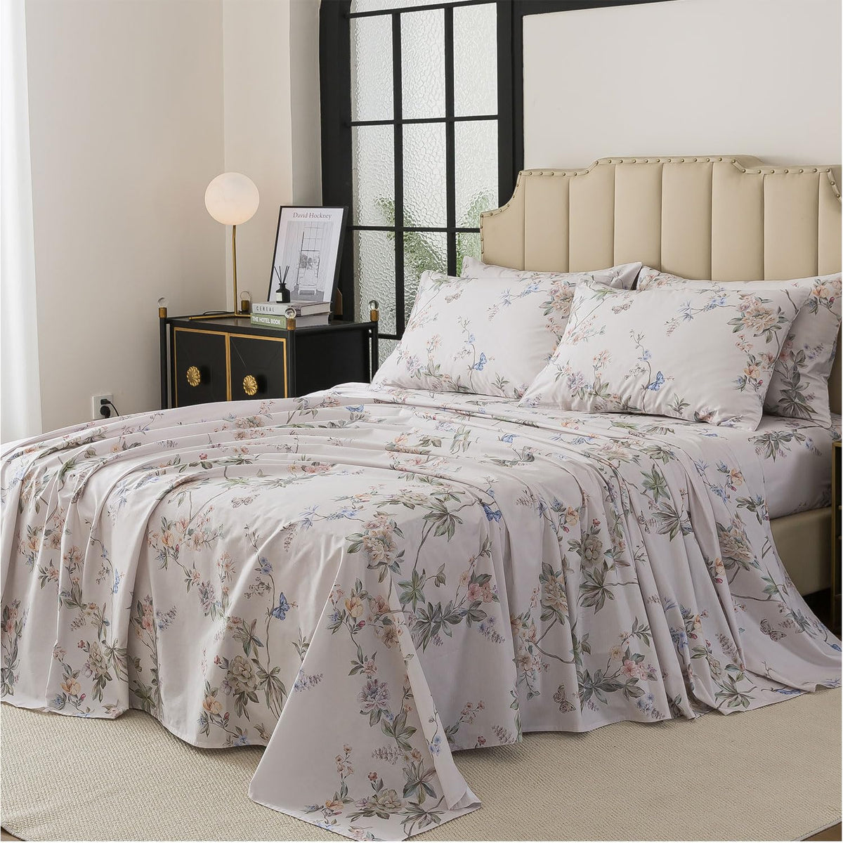 FADFAY Queen Size Sheets Set – 4 Pieces Percale Cotton Deep Pocket Fitted Sheet, Crisp, Breathable & Soft, Country Style Floral & Butterfly Pattern Bedding for All Seasons