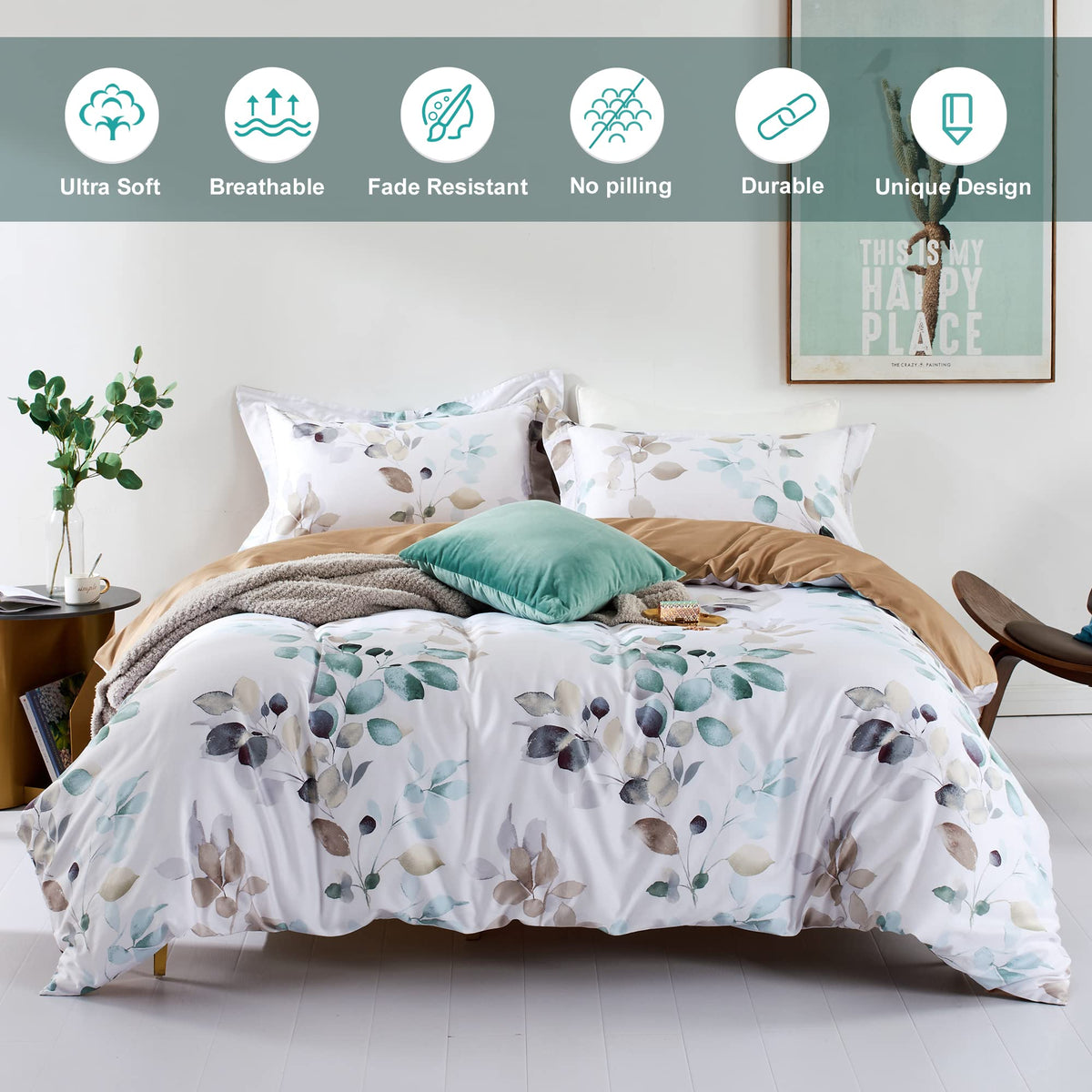 MILDLY Floral Duvet Cover Set - 100% Long-Staple Cotton Gradient Teal Leaves Pattern Comforter Cover 3pcs Soft Breathable Luxury Bedding for All Season