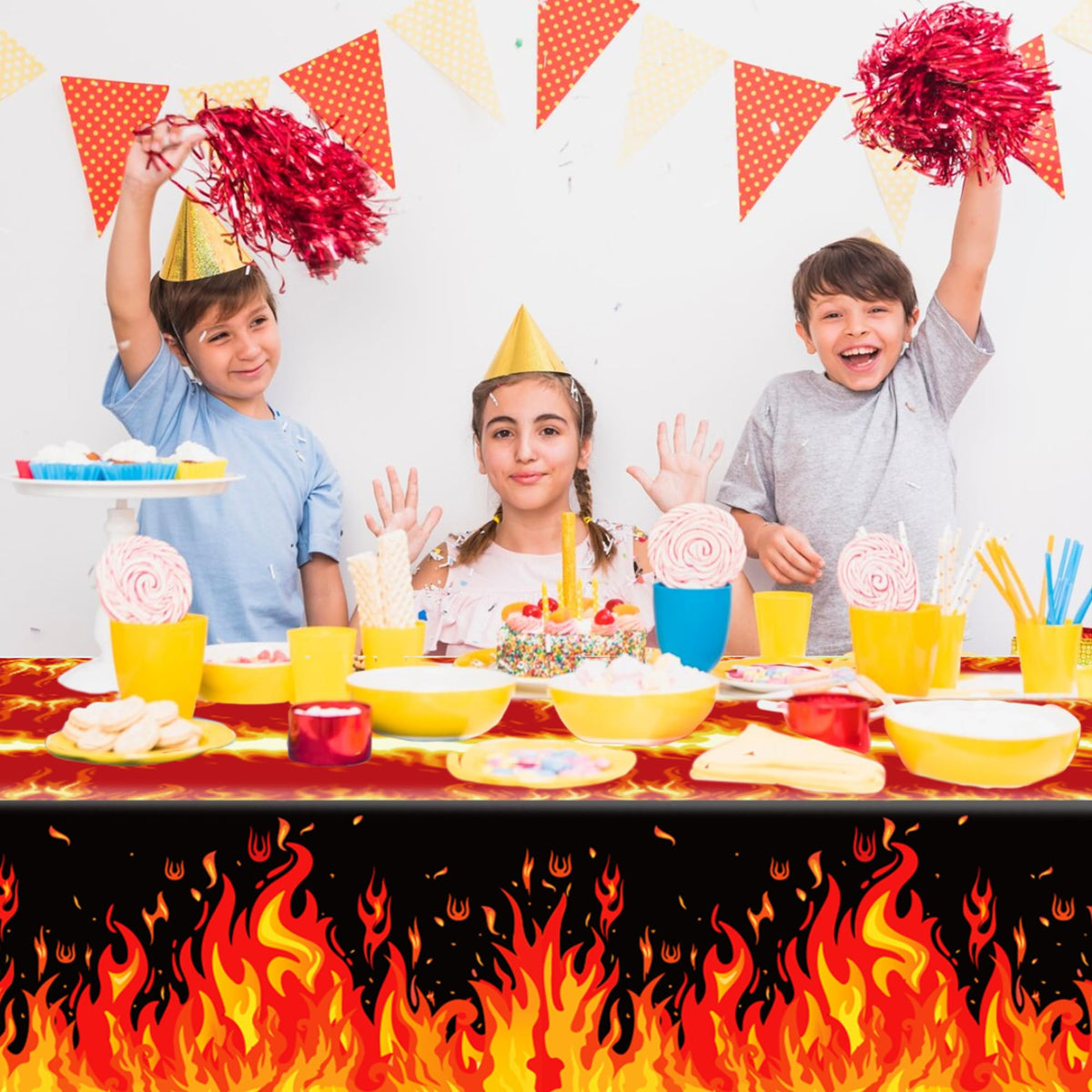 CC HOME 1Pc Fire Party Plastic Tablecloth 54 x 87 Inch Long Table Cover, Flame Party Tablecover for Fire Fighting Theme Kids Baby Shower Birthday Dinner Picnic Kitchen Event