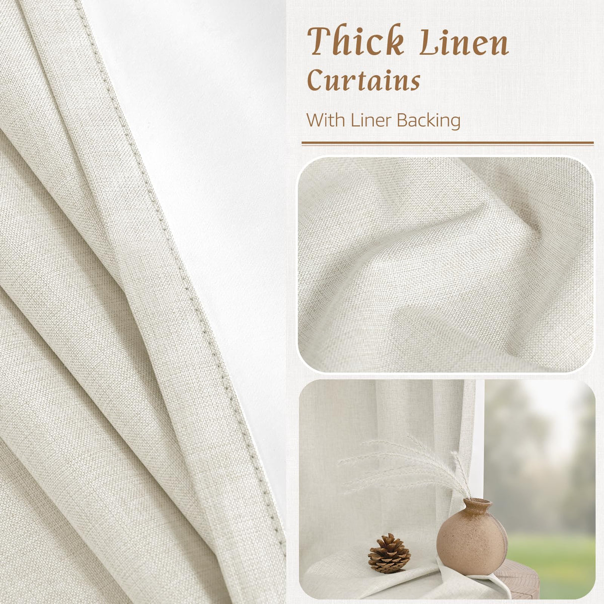 LAMIT 100% Blackout Natural Polyester Curtains, 63 Inches Linen Textured Thermal Bedroom Curtains Back Tab and Rod Pocket Neutral Panels with White Liner for Farmhouse, 2 Panels, 52 x 63 Inch, Ivory