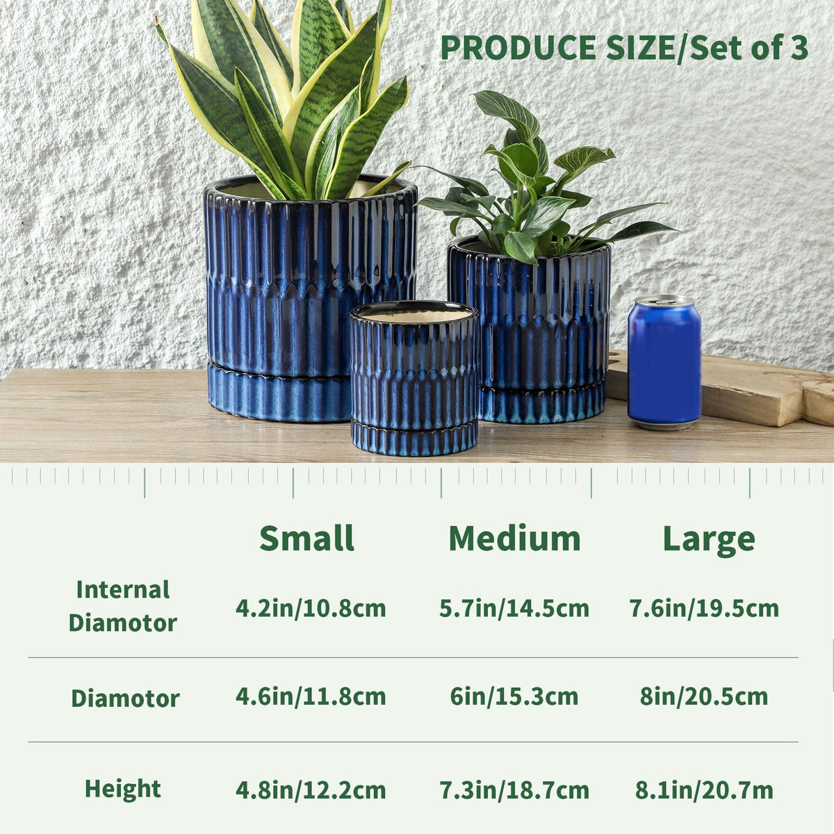 HASENSE Ceramic Plant Pots Set of 3 (8+6+4.6 Inch), Flower Planters with Drainage Hole and Saucer, Indoor Planter Pots for Succulents, Herbs, Ideal for Home Office Desktop Garden Decor(Blue)