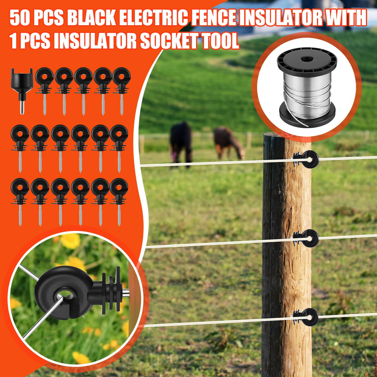 MorningRo 2J Electric Fence Charger with Digital Display & Alarm, AC/DC Dual Power, 12V Input 8KV/12KV Output, 250ft Aluminum Wire 50 Insulators & Socket Tool for Fence Boundary Applications