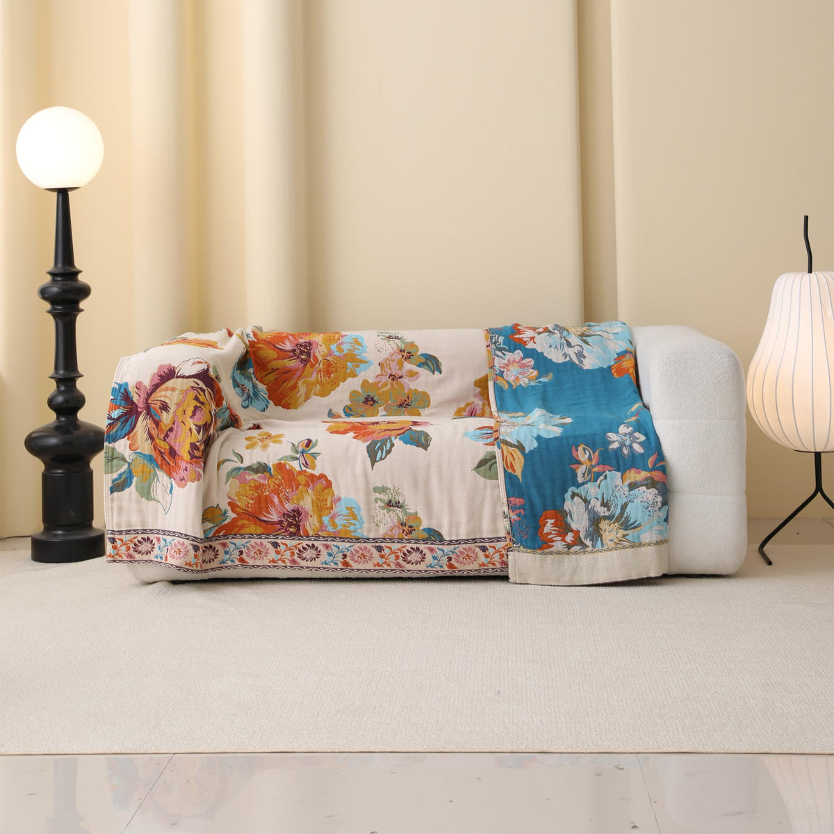 BRYALIX 100% Cotton Muslin Throw Blanket, Orange Floral Pattern, Lightweight Quilt, Boho Farmhouse Decorative Fringed Reversible Jacquard Throw for Home, Picnic, Travel, 60"x80"