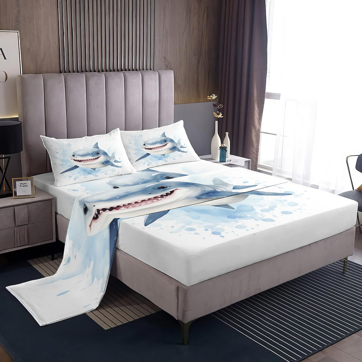 Rejkxyw King Size Sheets Set Blue Shark - Cartoon Bed Sheets - Kids Boys Sheet Set - 12 Inch Deep Pocket - Ultra Soft Winkle Free Microfiber Bedding Sheets & Pillowcases 4 Piece