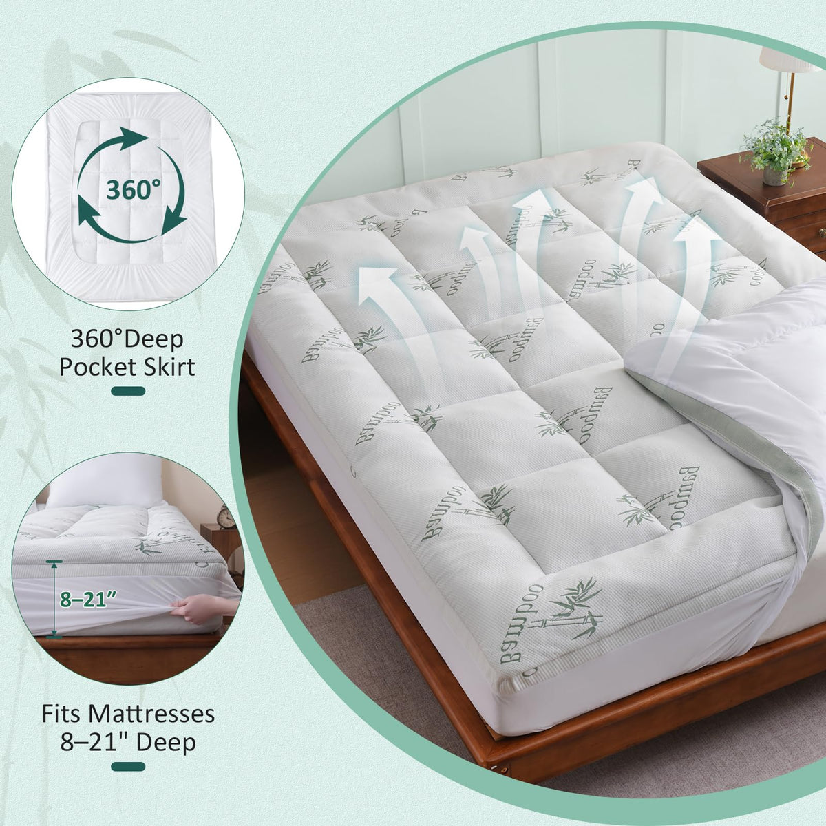 DOWNCOOL Memory Foam Mattress Topper Queen, Pillow Top Mattress Pad for Back Pain Relief, Viscose Derived from Bamboo, Deep Pocket Fits 8–21 Inch
