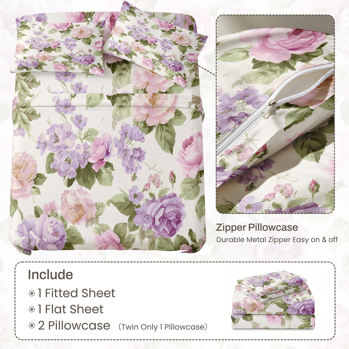 Purple Peony King Sheet Set 4 Pcs Watercolor Flowers Bed Sheets