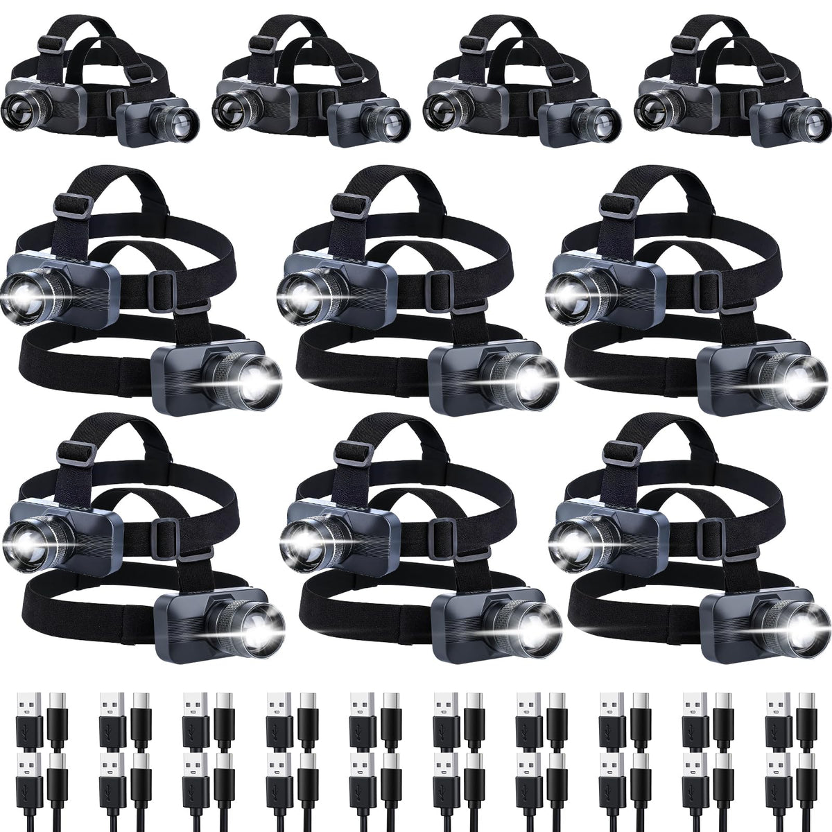 KunHe 20 Pack Rechargeable LED Headlamp with 1800mAh Battery 333 Lumens Aluminum Alloy with Zoomable150M Beam IP65 Waterproof 3 Modes for Construction Crews Warehouse Maintenance & Emergency