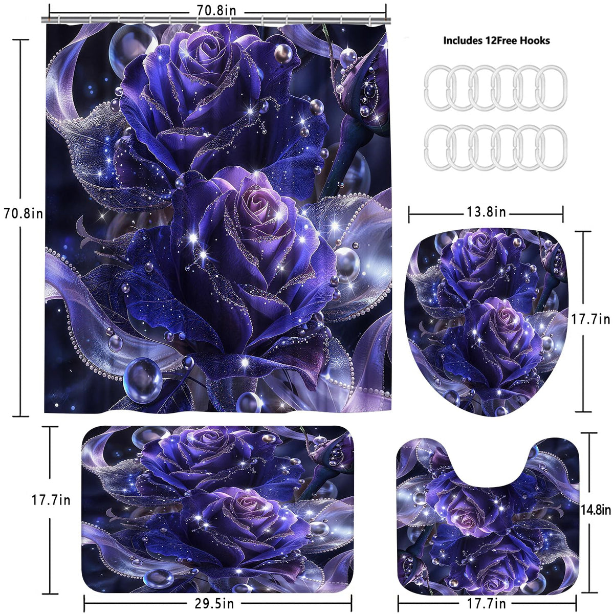 Yddsky 4 PCS Purple Rose Shower Curtain Sets,Black Bathroom Set with Modern Bathroom Curtains Shower Set with Toilet Lid Cover for Women Bathroom Decor Accessories