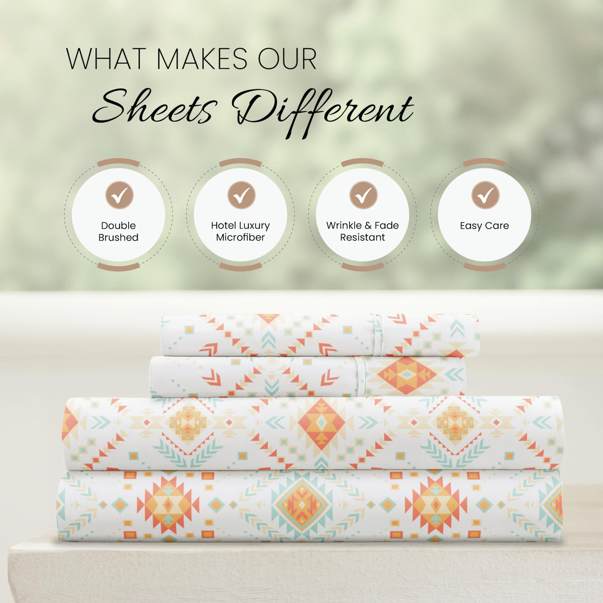 Linen Market Double-Brushed Patterned Microfiber Full Sheet Set 4 Piece – Oeko-TEX Certified Ultra Soft & Wrinkle-Free - 16" Deep Pocket Sheets - Easy Care Full Size - Aztec Dreams Coral
