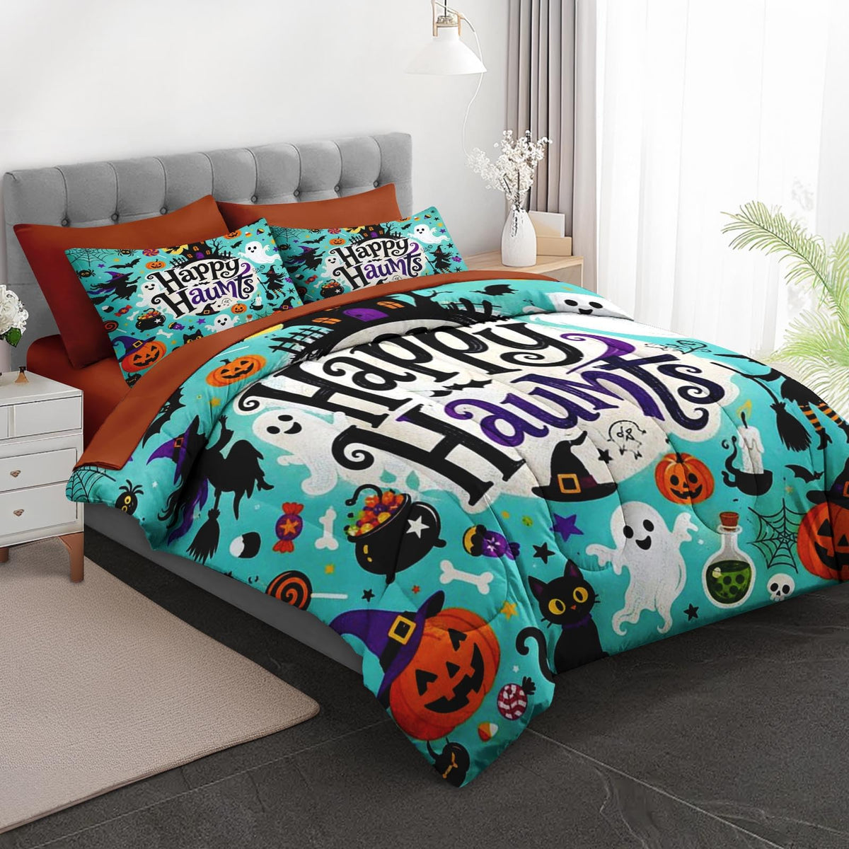 Boewywh Comforter Set Twin Size Halloween Witch Ghost 7 Pcs, Bedding for Kids and Adults, Bed Sheet Sets with Fitted Sheet 2 Pillowcases & 2 Shams for Bedroom Bed Decor