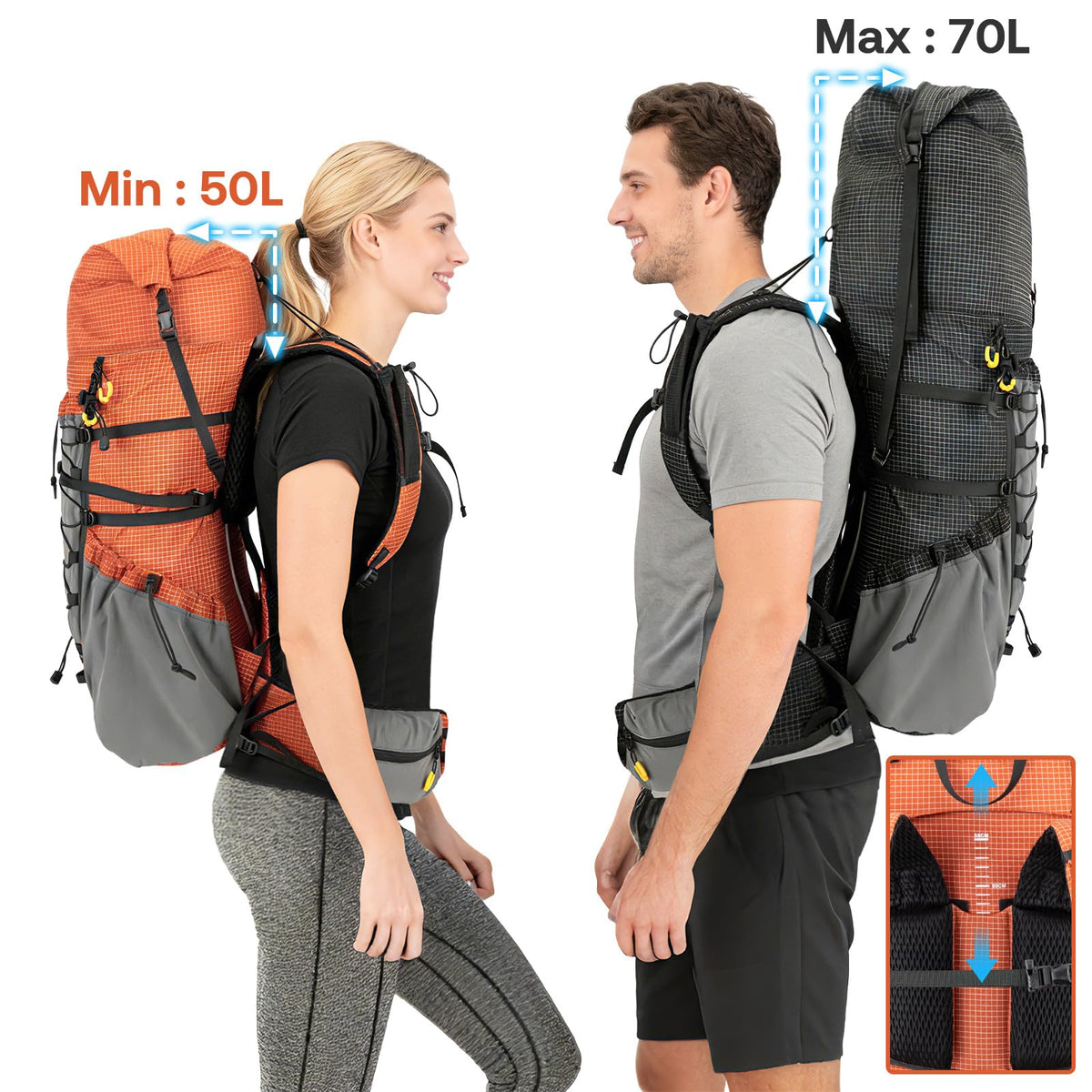 Night Cat Internal-frame Hiking Backpcack: 50L / 60L / 70L Roll Top Lightweight Travel Backpack with Rain Cover for Men Women Hiking Camping Backcpacking Orange Red
