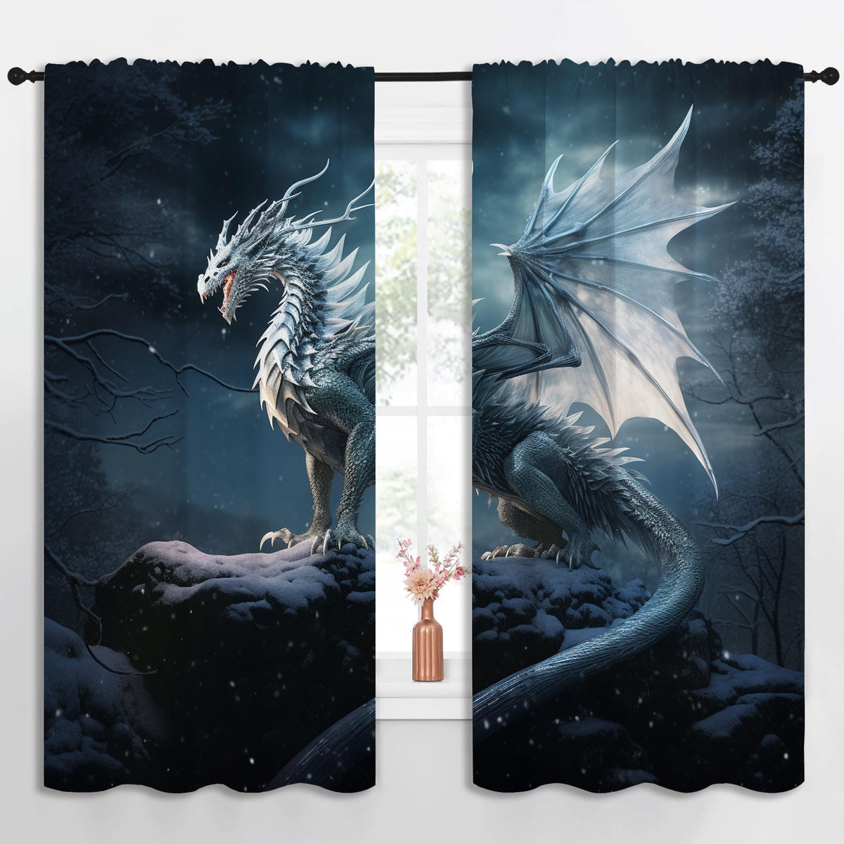PYMATYTN Dragon Blackout Curtains for Boys Girl Bedroom Decor,Fantasy Creature Snowflake Forest Thermal Insulated Rod Pocket Drapes Darkening Window Curtain for Living Room Home 55x63 inch